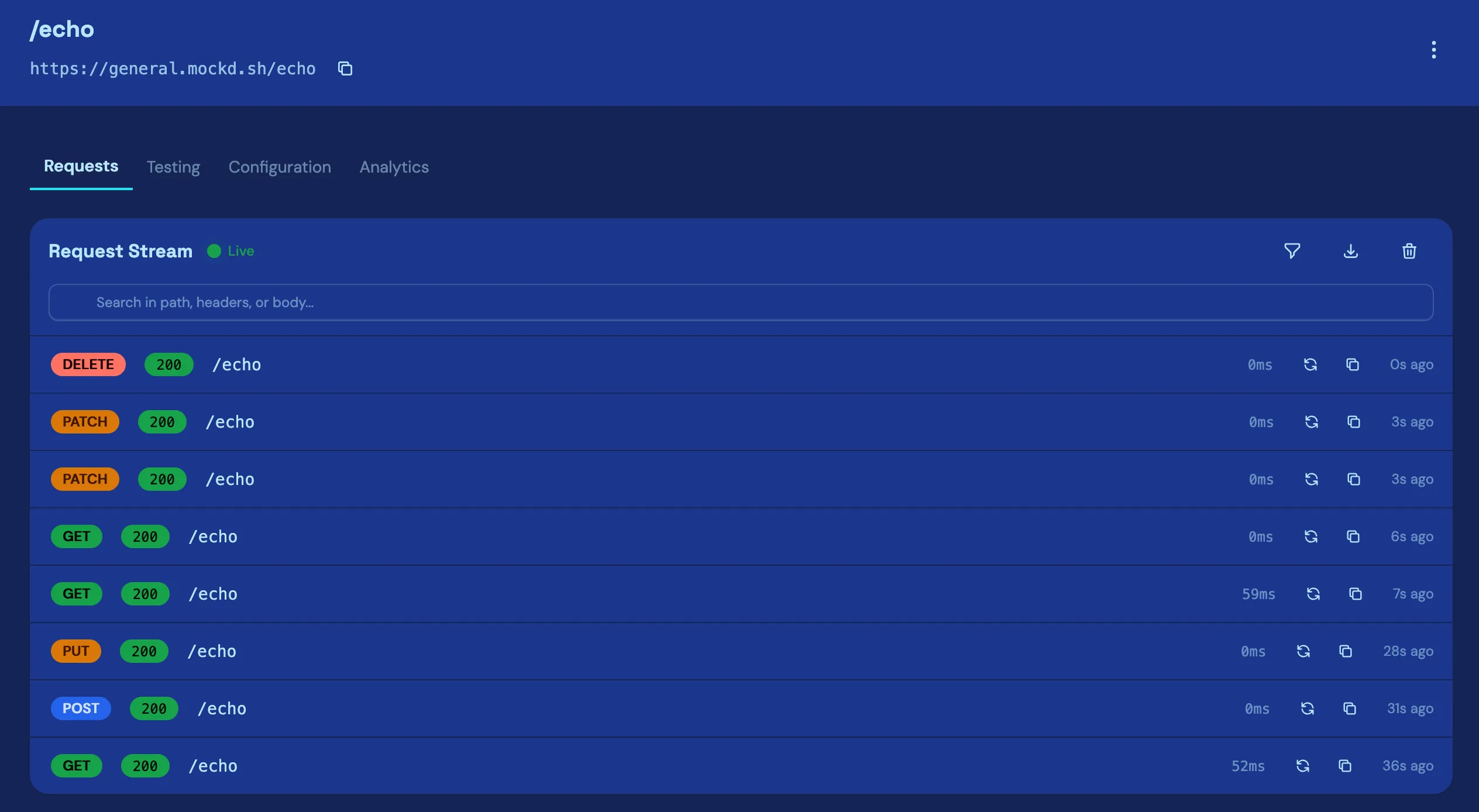 The mockd dashboard streaming live requests to a mock endpoint